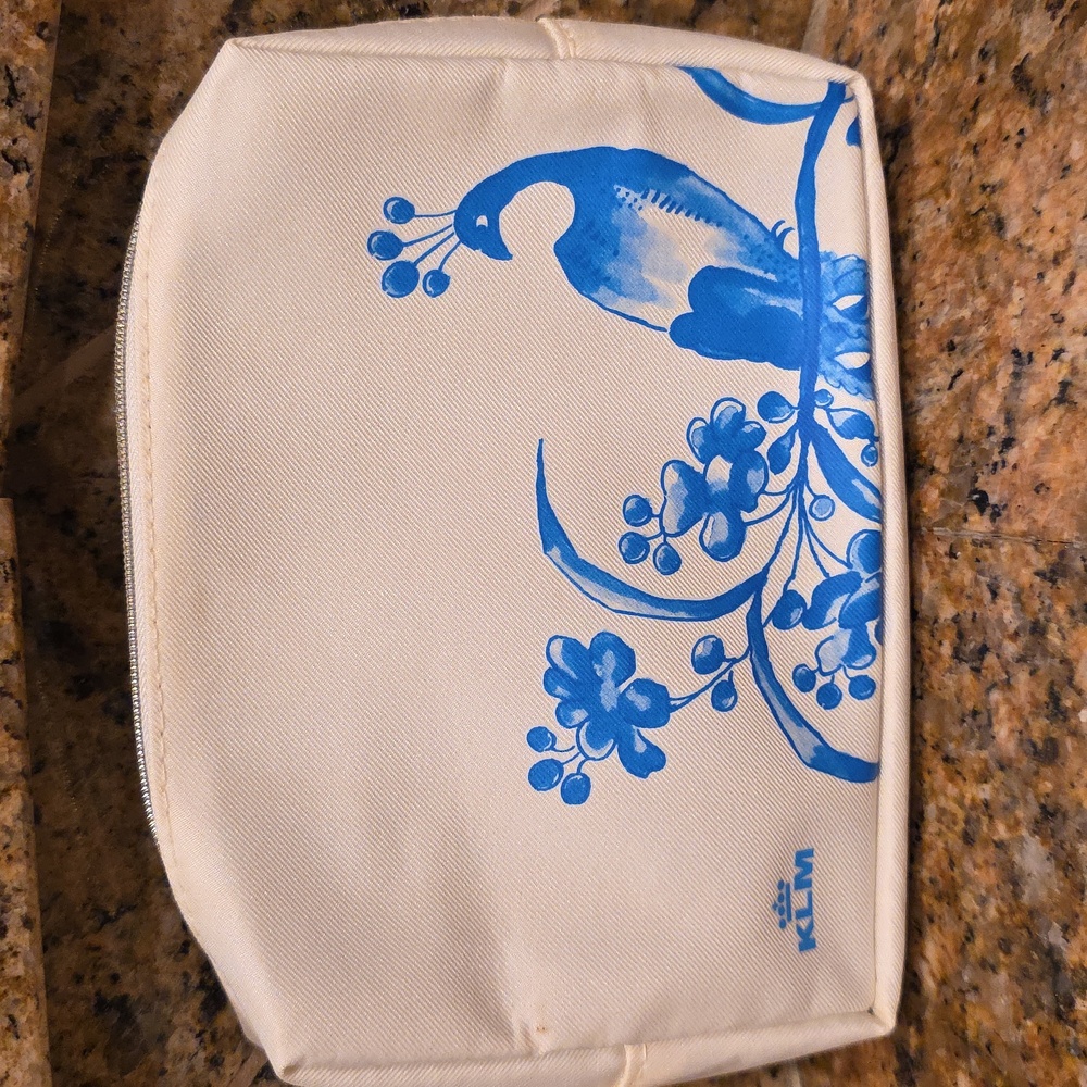 KLM Cream and Blue Peacock Pouch - 7x5